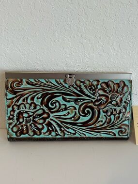 Patricia Nash Turquoise Italian leather Tooled Leather Clutch Wallet